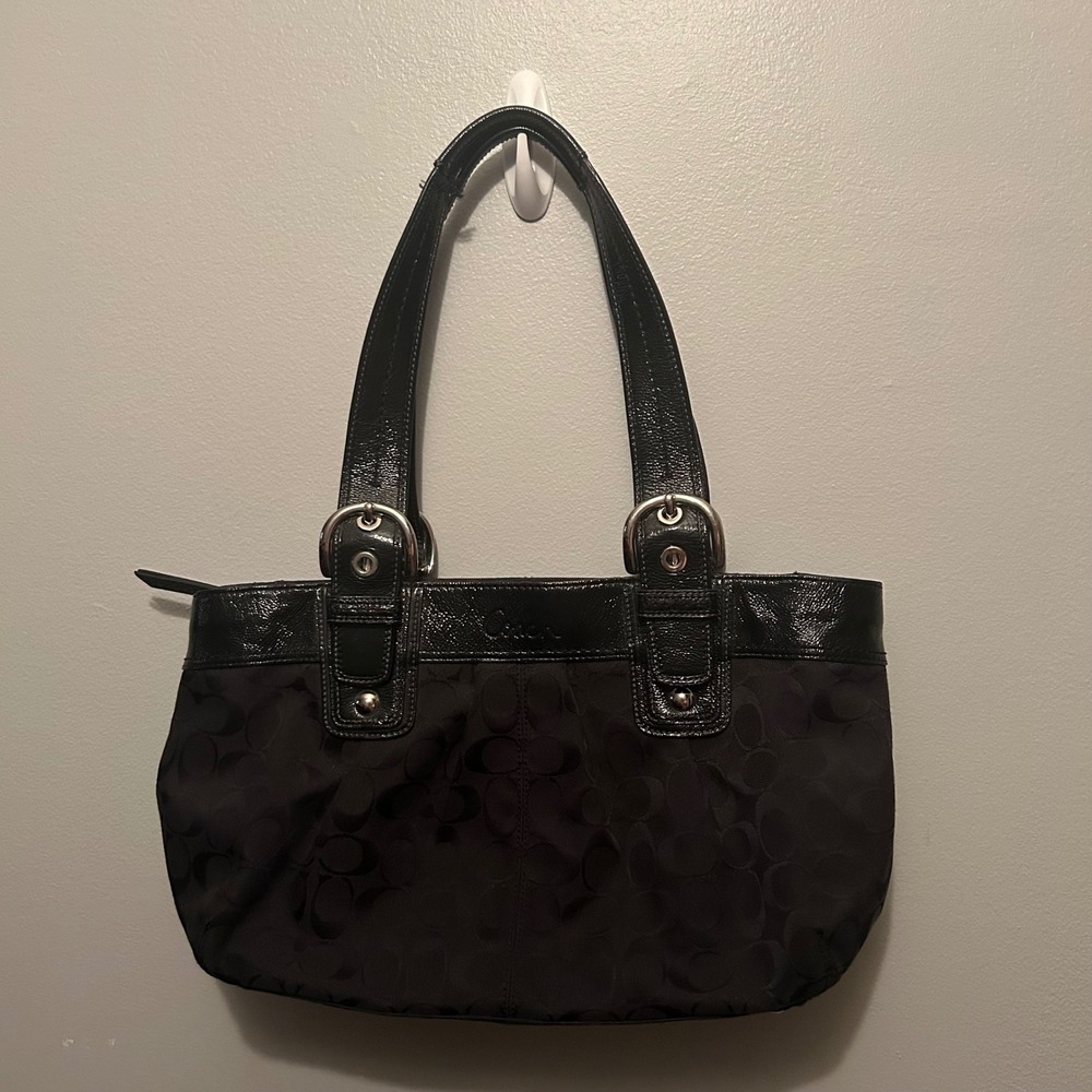 Coach Signature Soho Pleated Tote Womens Medium Black Monogram Canvas F13742 Y2K
